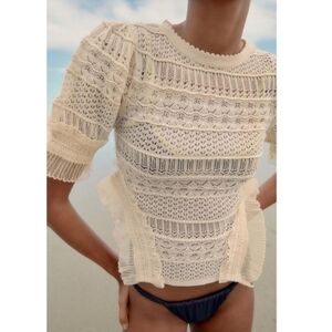 NWT BEIGE POINTELLE KNIT TOP WITH OPENINGS